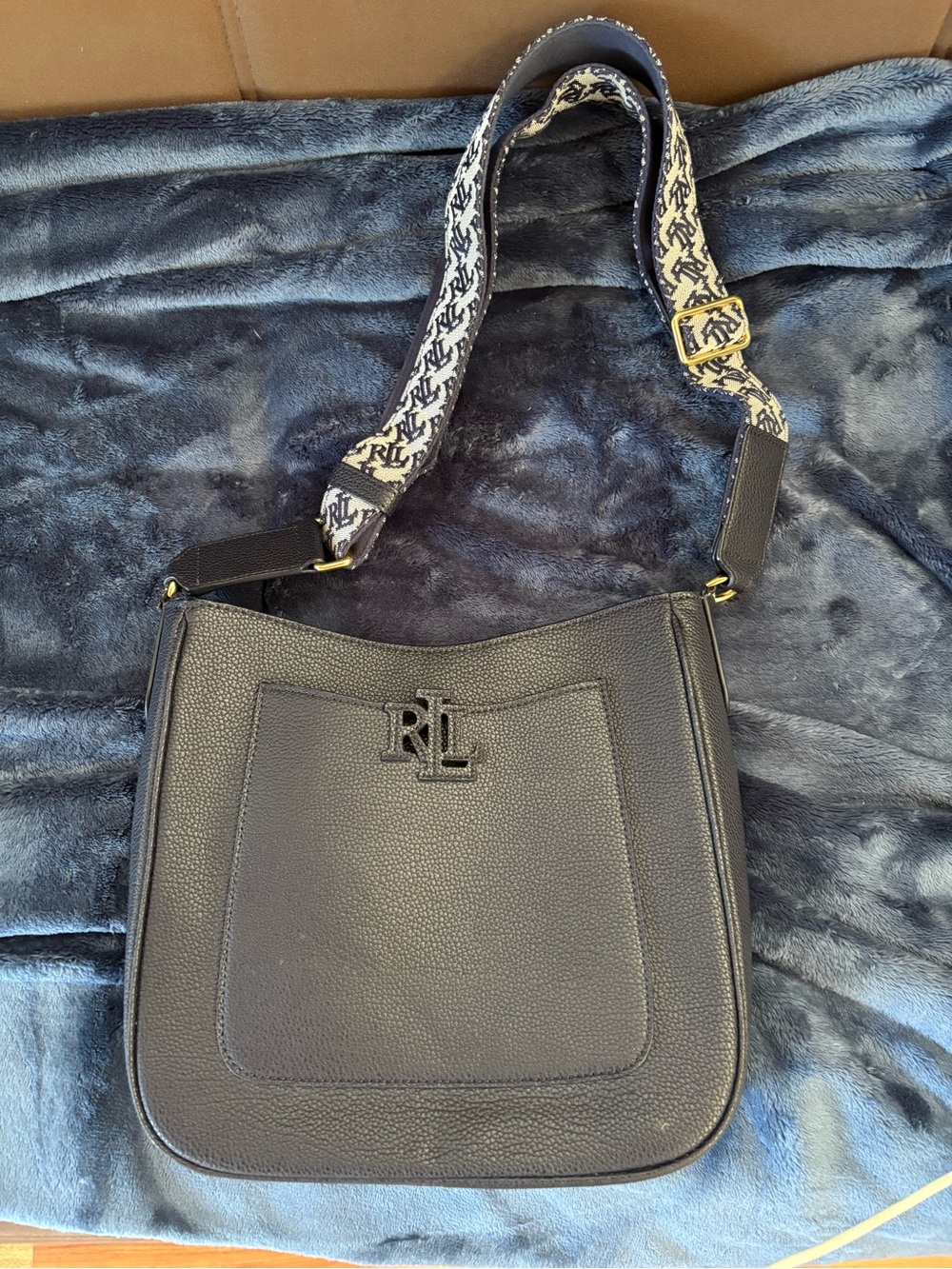 Ralph Lauren Black Leather Shoulder Bag with Monogram Strap